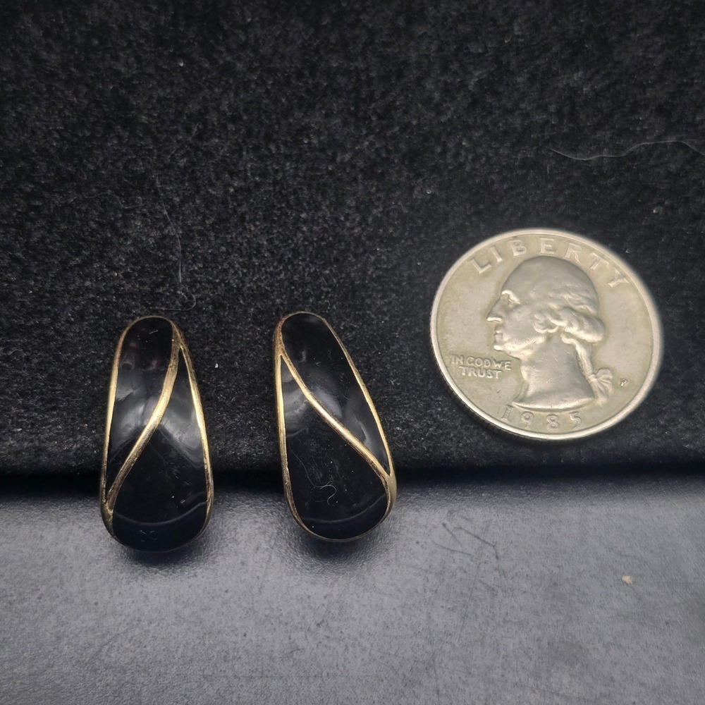 Trifari Black Enamel Gold Tone Clip On Earrings Vintage Costume Jewelry
